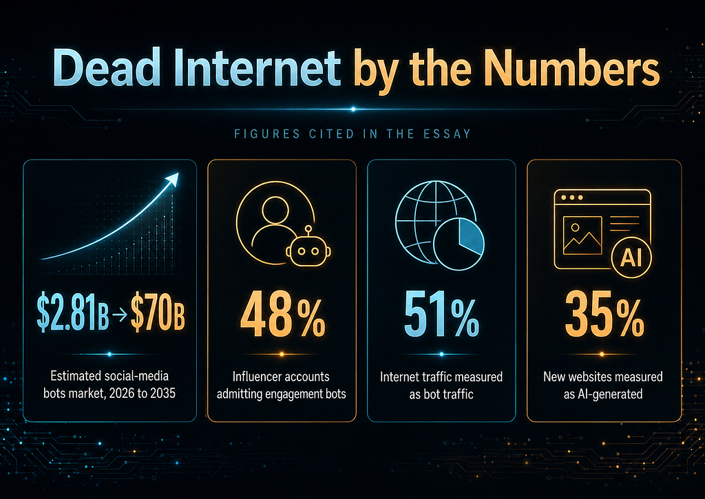 Dead Internet by the numbers infographic: $2.81B-to-$70B bot market, 48% of influencer accounts admit bots, 51% of traffic is bots, 35% of new sites AI-generated