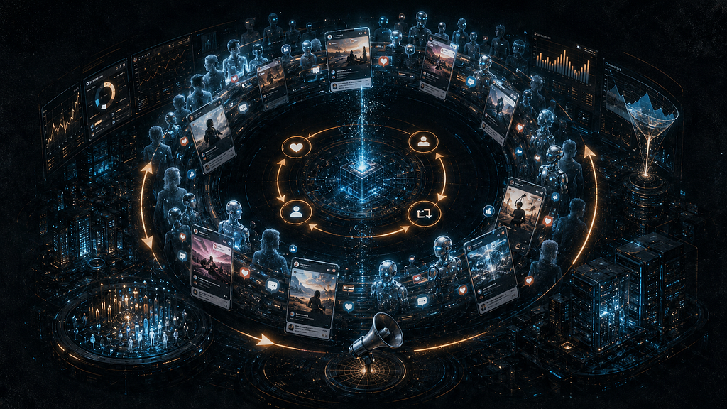Glowing circular network diagram of interconnected screens and figures representing the fake-engagement economy