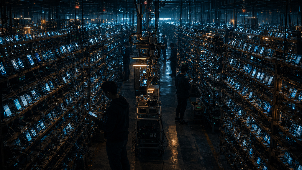 Dark warehouse stacked with glowing screens and shadowy workers, illustrating an industrial-scale bot farm