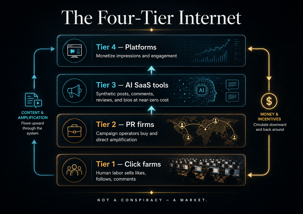 The Four-Tier Internet diagram: Tier 1 click farms, Tier 2 PR firms, Tier 3 AI SaaS tools, Tier 4 platforms