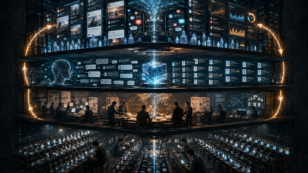 Vast control room with banks of screens and operators running a large-scale online engagement operation