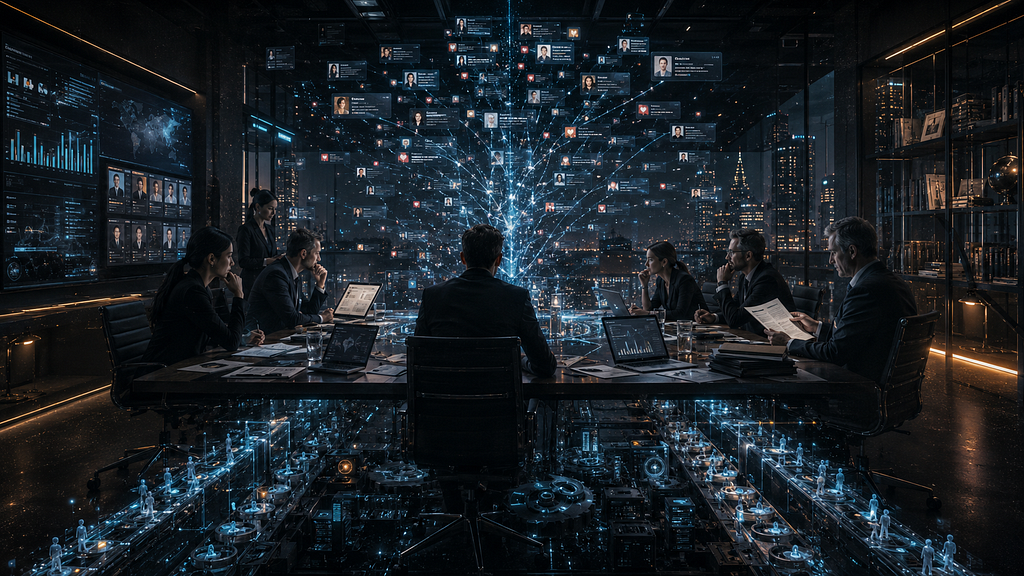 A lone operator at the center of a high-tech control room of data displays, orchestrating online engagement