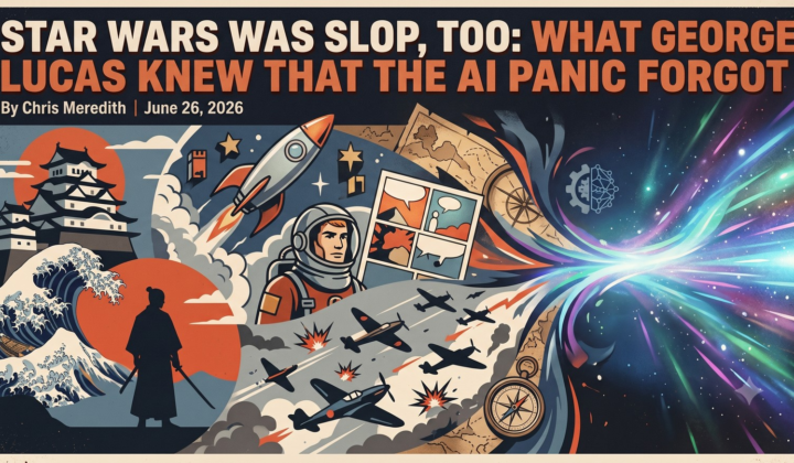 Illustrated collage for 'Star Wars Was Slop, Too': a samurai, rocket, WWII dogfight planes, comic panels and a hyperspace burst
