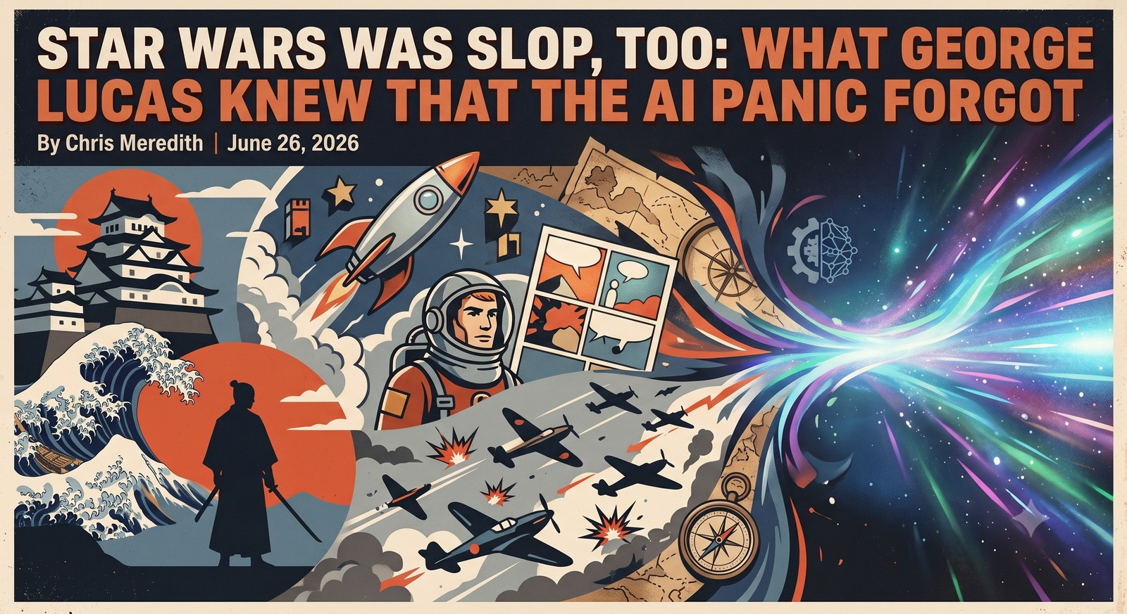 Illustrated collage for 'Star Wars Was Slop, Too': a samurai, rocket, WWII dogfight planes, comic panels and a hyperspace burst