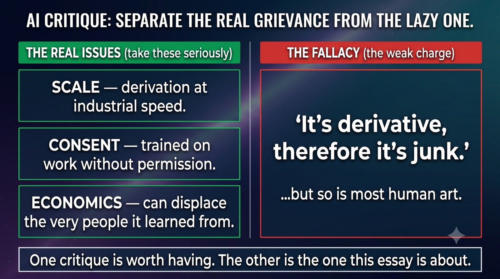 The real objections to AI versus the derivative fallacy, side by side