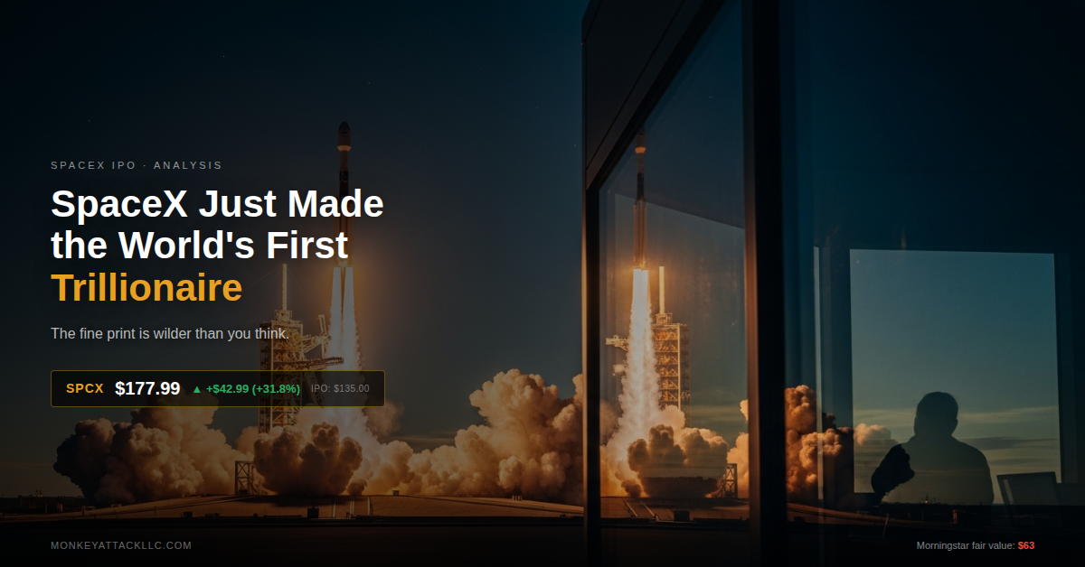 SpaceX IPO hero — Falcon 9 launch at golden hour with SPCX ticker overlay