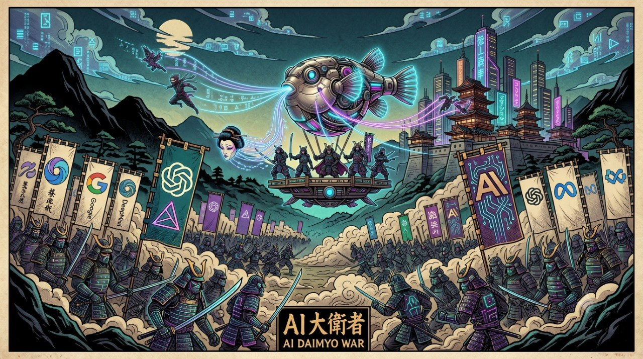AI Daimyo War — the Fugu rises above warring AI provider armies representing orchestration independence