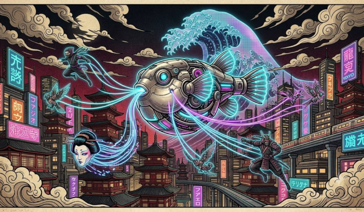 Cyberpunk fugu orchestrating above a neon Japanese cityscape representing AI orchestration