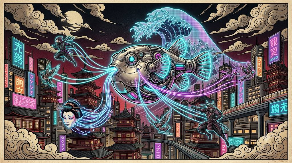 Cyberpunk fugu orchestrating above a neon Japanese cityscape representing AI orchestration