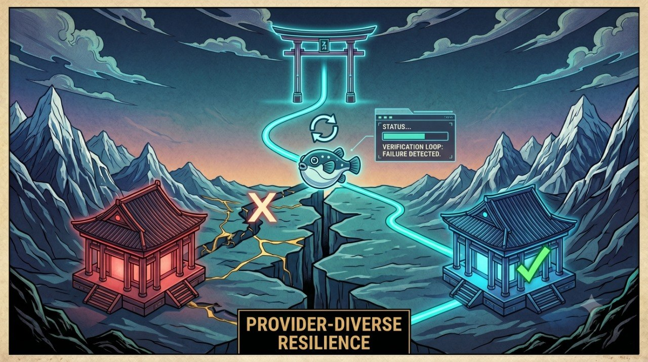 Provider-diverse resilience — Fugu rerouting around a failed provider to a live alternative