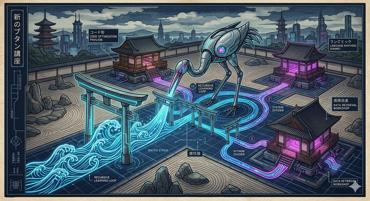 Isometric AI routing garden with pavilions connected by recursive learning loops