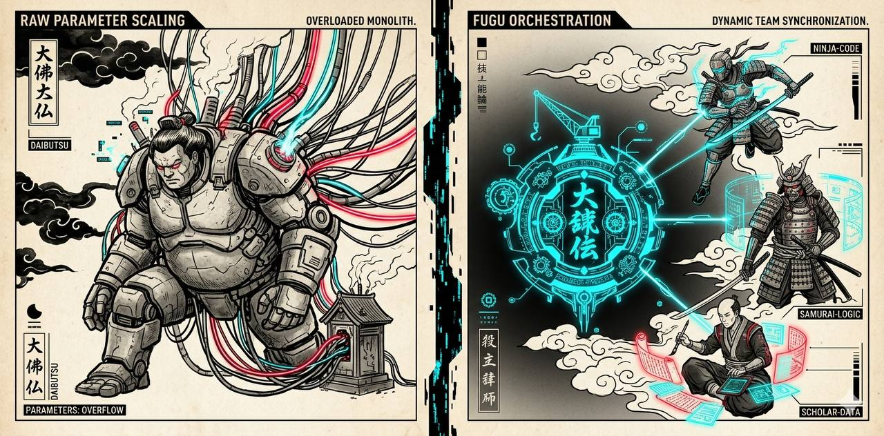 Raw parameter scaling as overloaded monolith vs Fugu orchestration as dynamic team synchronization