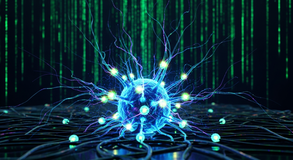 Glowing neuron cluster on a dark electrode array — the compute layer that runs on glucose