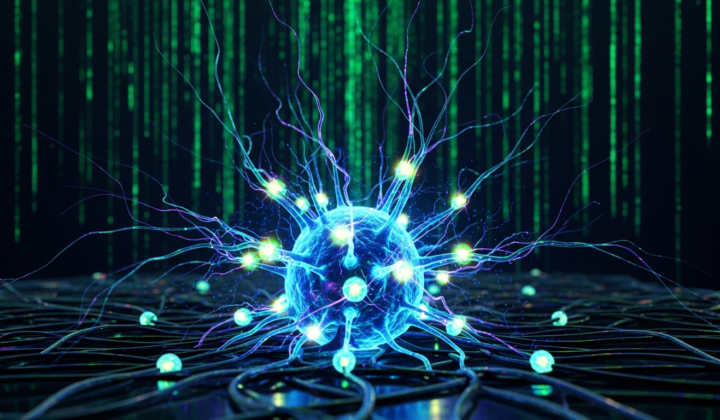 Glowing neuron cluster on a dark electrode array — the compute layer that runs on glucose
