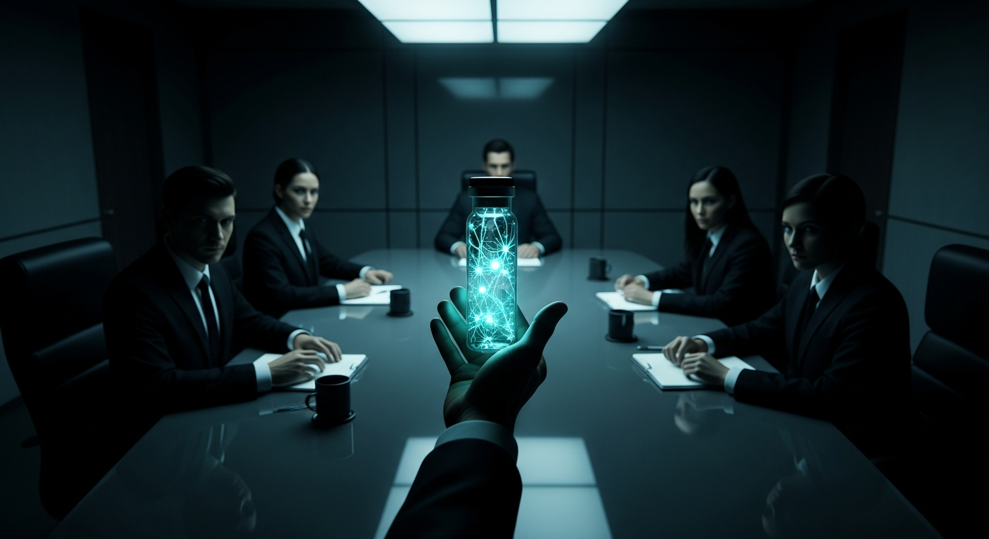 Corporate boardroom — a glowing vial of neurons exchanged between suits and intelligence community