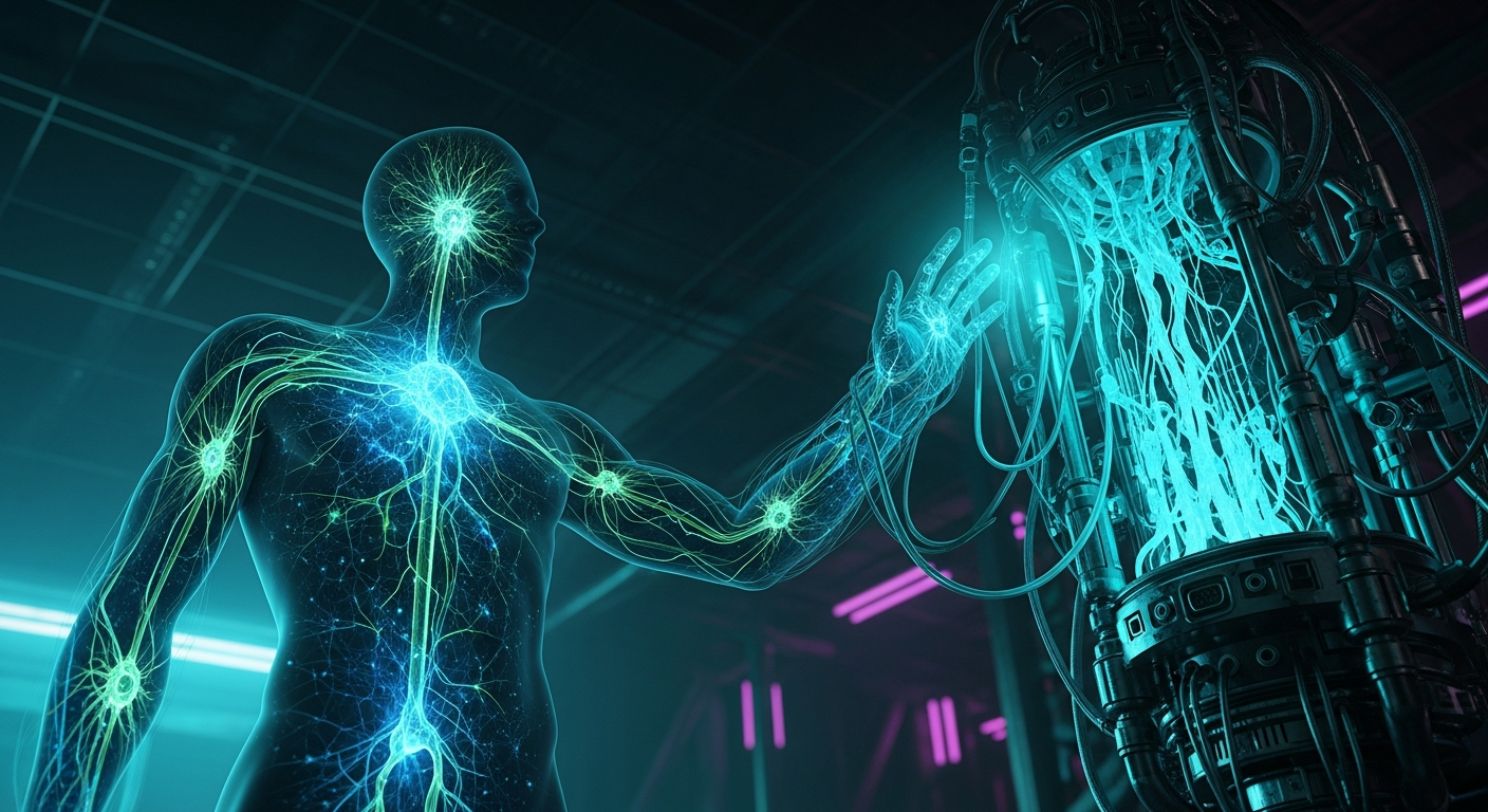 Human silhouette with neural network patterns jacking into a biotech interface — half-organic half-digital