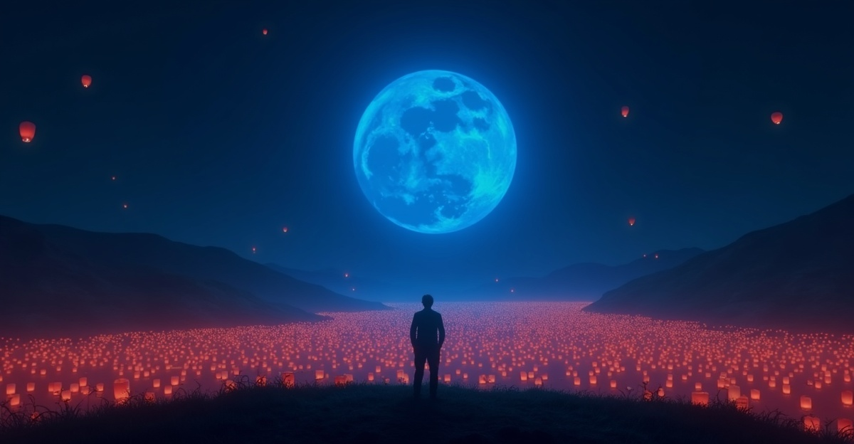 Lone figure overlooking a vast valley filled with glowing red lanterns under a huge blue moon, sky lanterns drifting upward in the distance