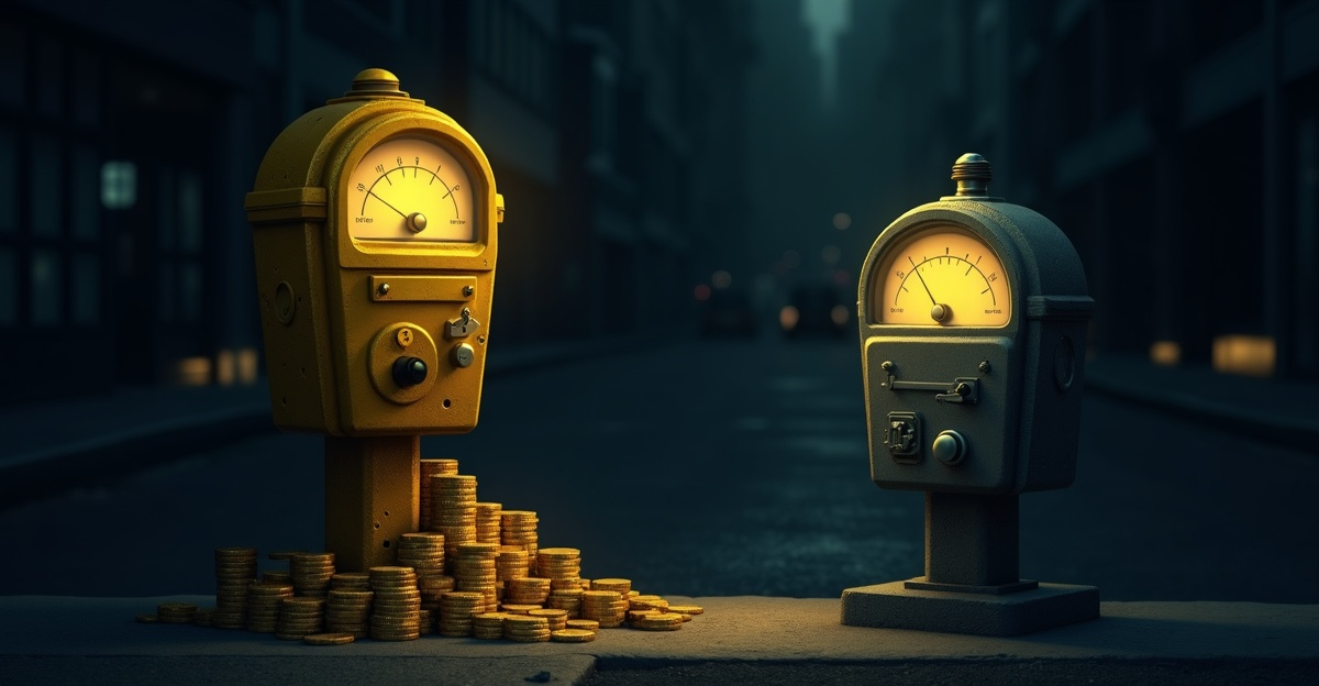 Two coin-operated meters on a dark city street: an ornate gold meter surrounded by piles of gold coins next to a plain gray meter, illustrating a steep price gap