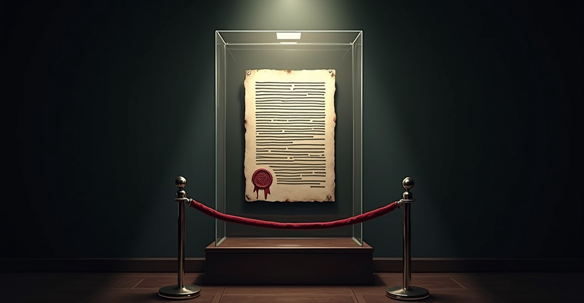 A fully redacted, wax-sealed government letter displayed under museum glass behind a red velvet rope