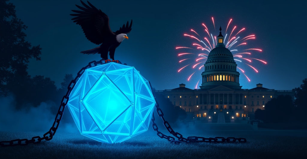 Bald eagle perched atop a glowing geodesic orb wrapped in heavy chains, with the U.S. Capitol dome and red and white fireworks in the night sky behind it