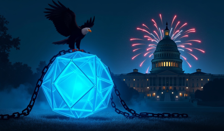 Bald eagle perched atop a glowing geodesic orb wrapped in heavy chains, with the U.S. Capitol dome and red and white fireworks in the night sky behind it