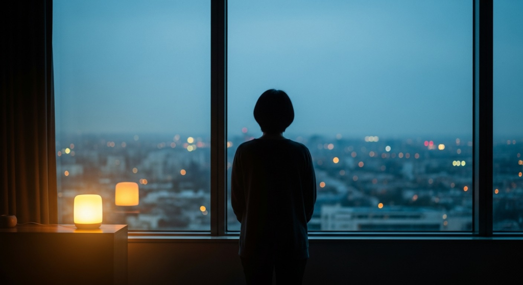 Solitary figure silhouetted at a window at dusk with a small AI companion device on a shelf nearby