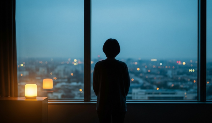 Solitary figure silhouetted at a window at dusk with a small AI companion device on a shelf nearby