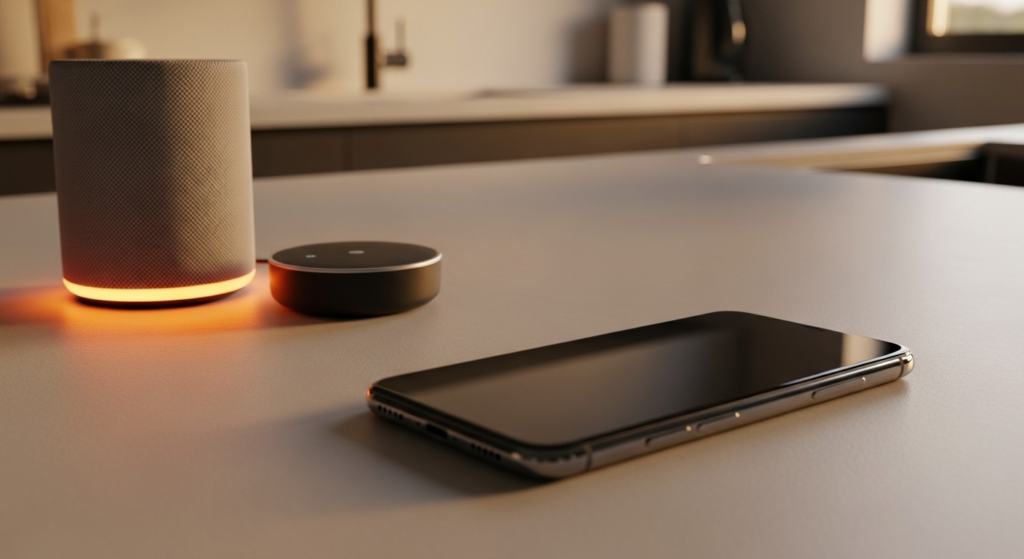 AI companion device and smartphone on a kitchen counter, warm ambient lighting, no human faces, minimal lifestyle tech