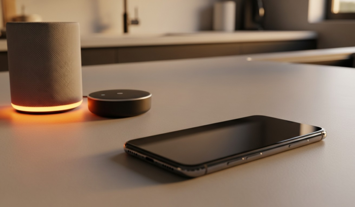 AI companion device and smartphone on a kitchen counter, warm ambient lighting, no human faces, minimal lifestyle tech