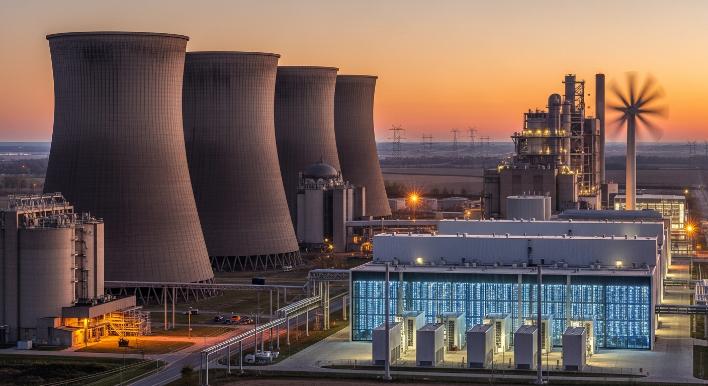 Cold War industrial complex at dusk: decommissioned enrichment plant becoming AI campus