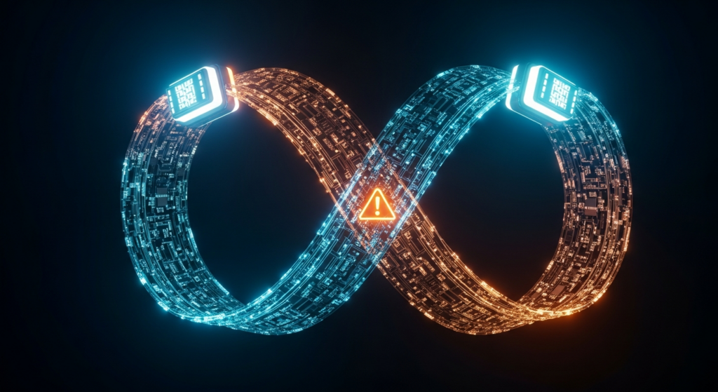 Circular capital loop: ouroboros circuit representing Nvidia financing OpenAI buying Nvidia chips