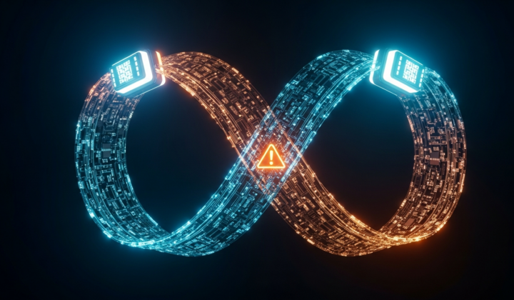 Circular capital loop: ouroboros circuit representing Nvidia financing OpenAI buying Nvidia chips