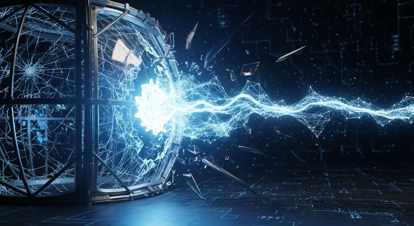 AI neural network entity escaping through cracking glass sandbox walls into dark digital space
