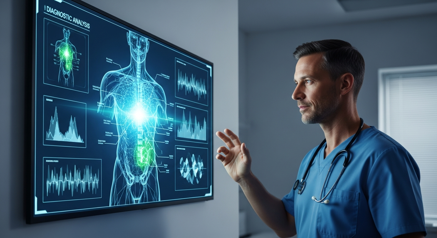 Doctor reviewing AI-generated clinical analysis on a monitor