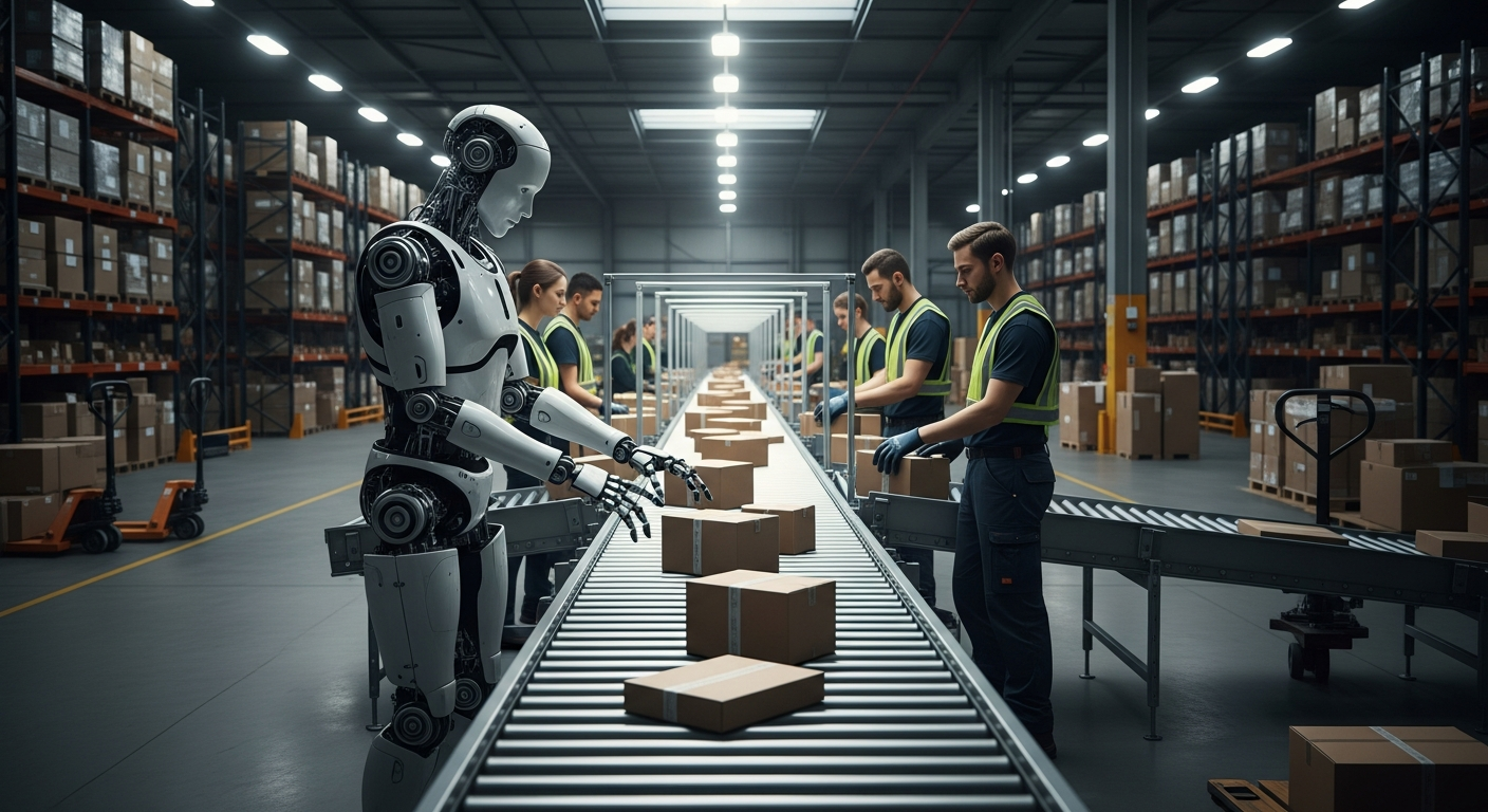 Digit humanoid robot working alongside human workers on a warehouse conveyor belt