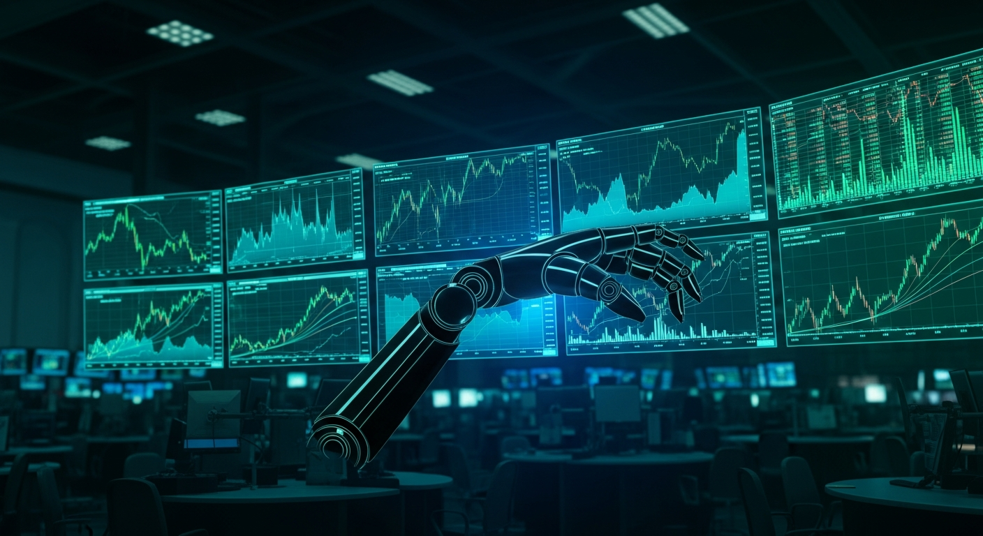 Robot arm silhouette overlaid on stock market trading screens in green and blue tones
