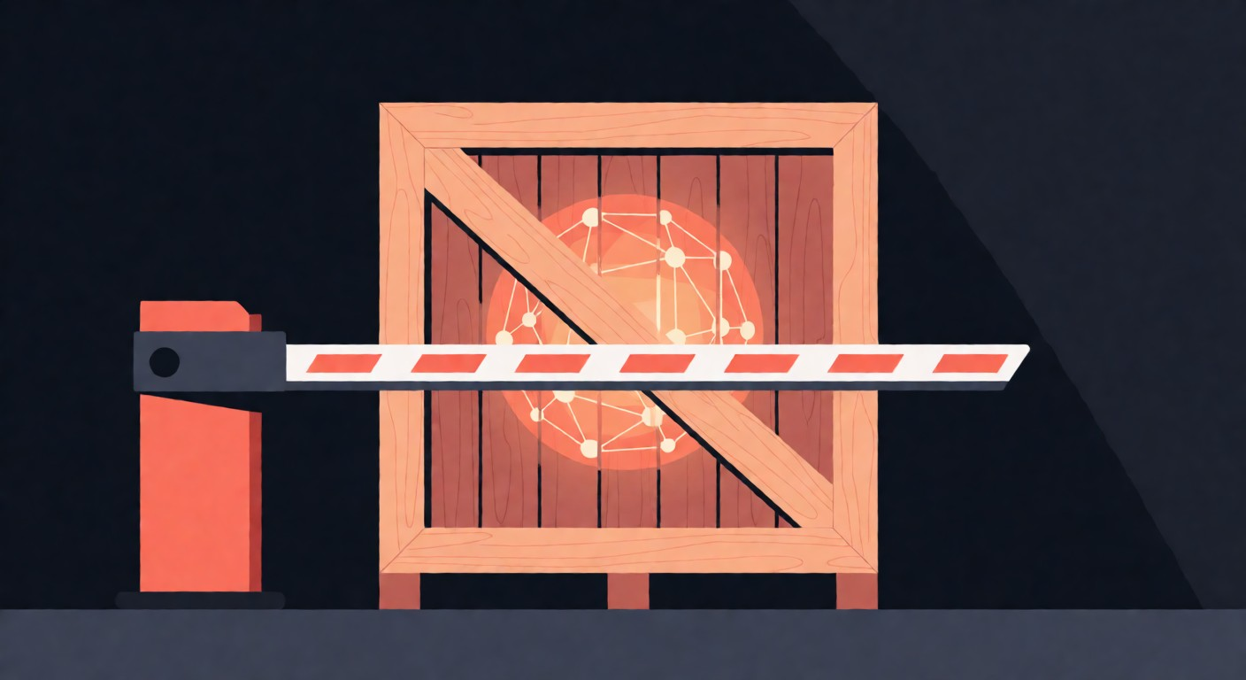 Flat vector illustration of a sealed wooden shipping crate holding a glowing neural network sphere behind a lowered customs barrier gate