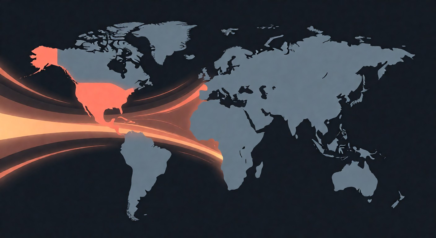 Flat vector illustration of a world map with glowing data traffic streams flowing away from North America