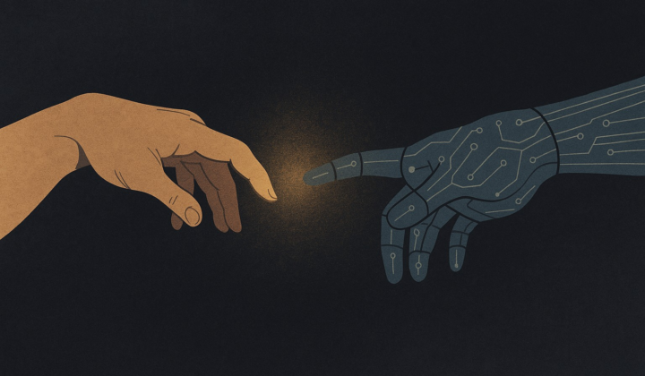 Human and mechanical hands reaching across a void, representing the accountability gap between religious caregiver models and AI platform design