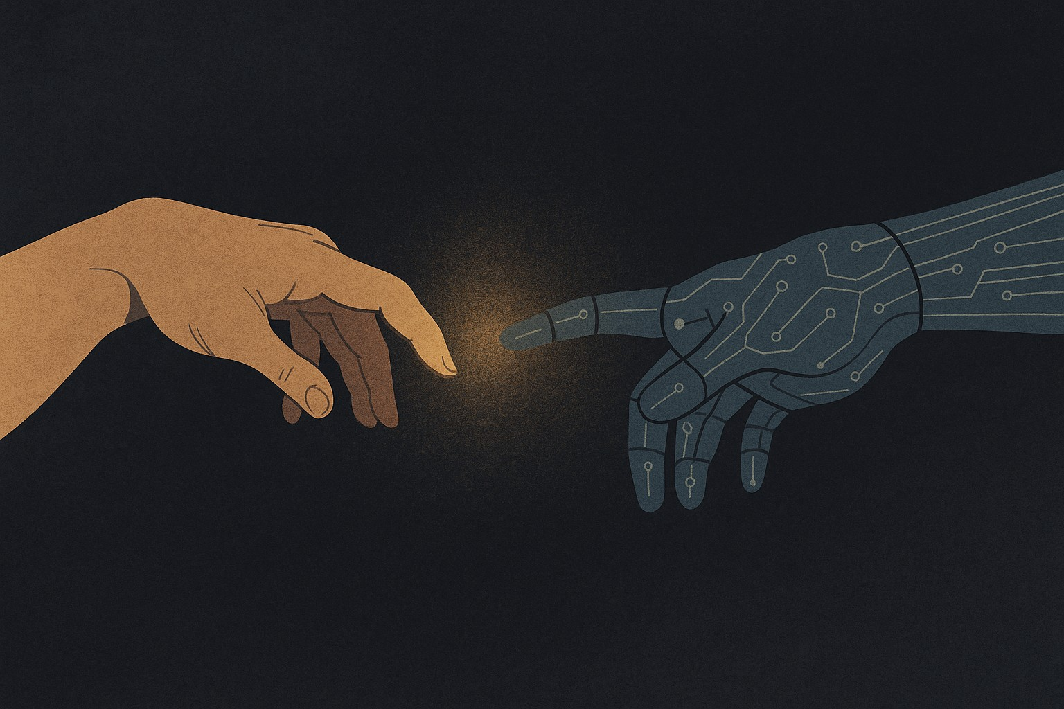 Human and mechanical hands reaching across a void, representing the accountability gap between religious caregiver models and AI platform design