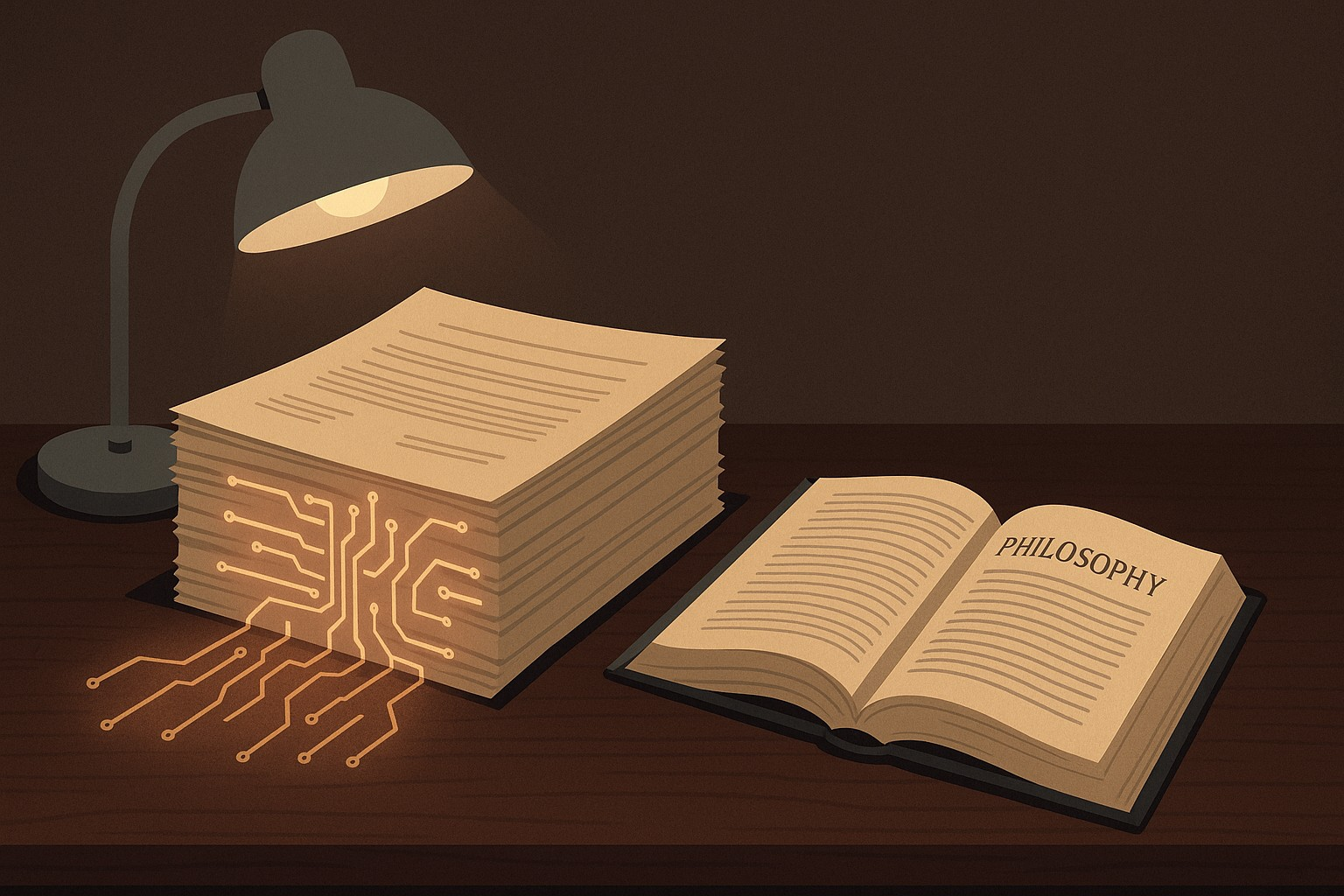 Editorial illustration: legal documents and desk lamp with circuit-line overlay representing AI legal status and institutional accountability