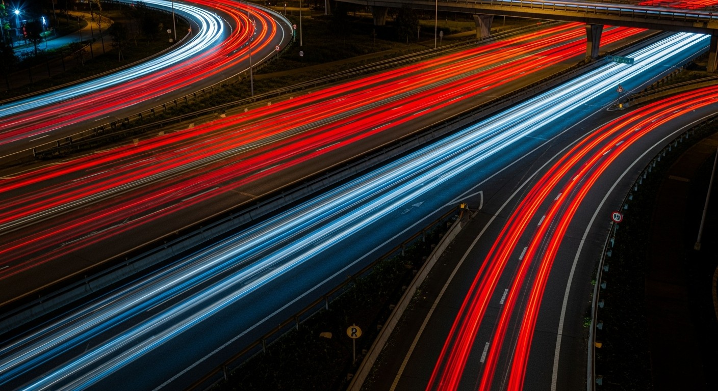 Night highway interchange, a heavy red stream of light-trails overtaking a thinner chrome-blue one