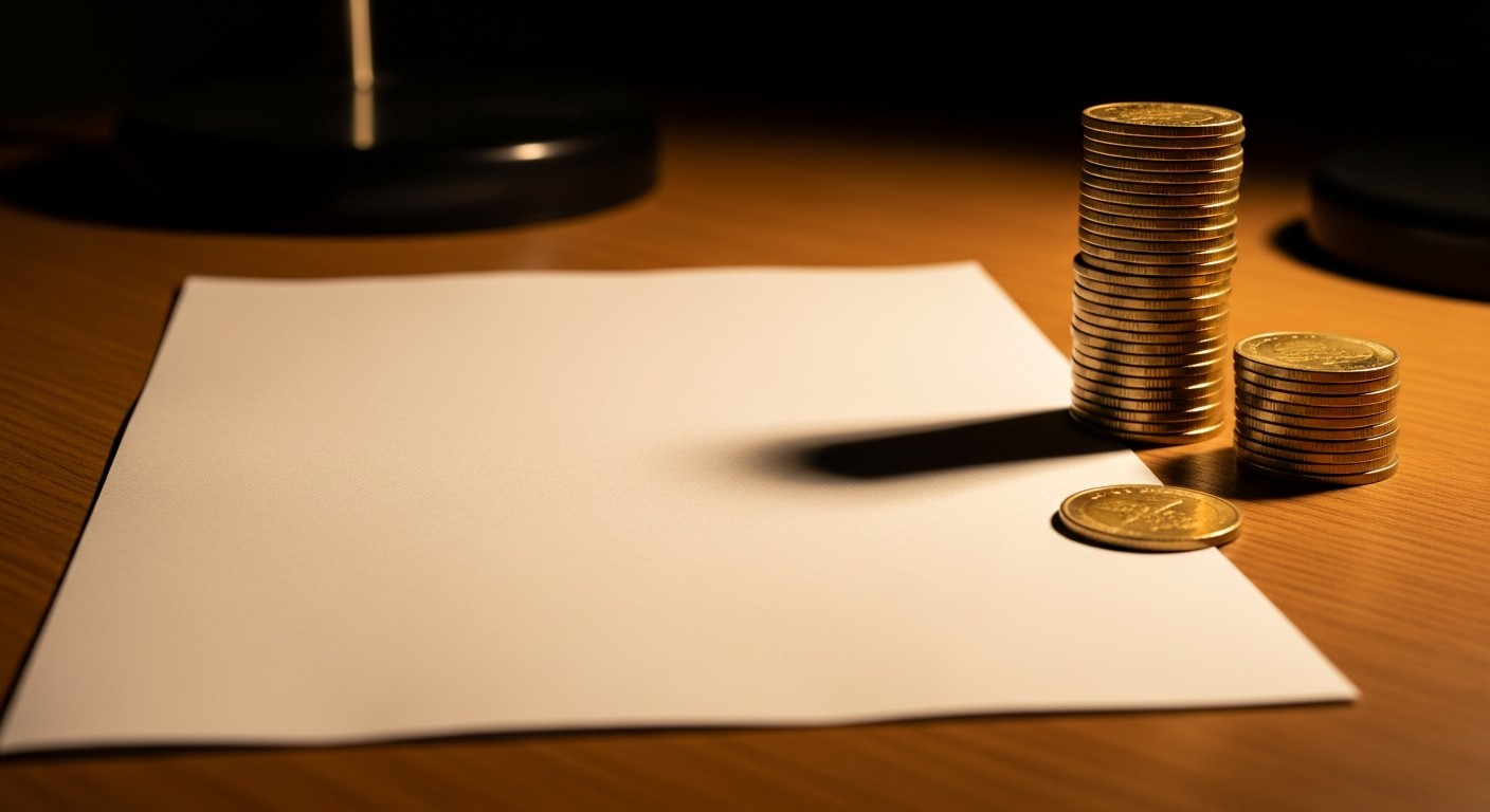 Macro shot of an invoice on a desk: a towering stack of coins beside a single thin coin