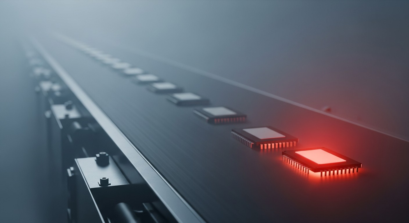 Memory chips on a fab conveyor receding into fog, one glowing red chip entering the frame