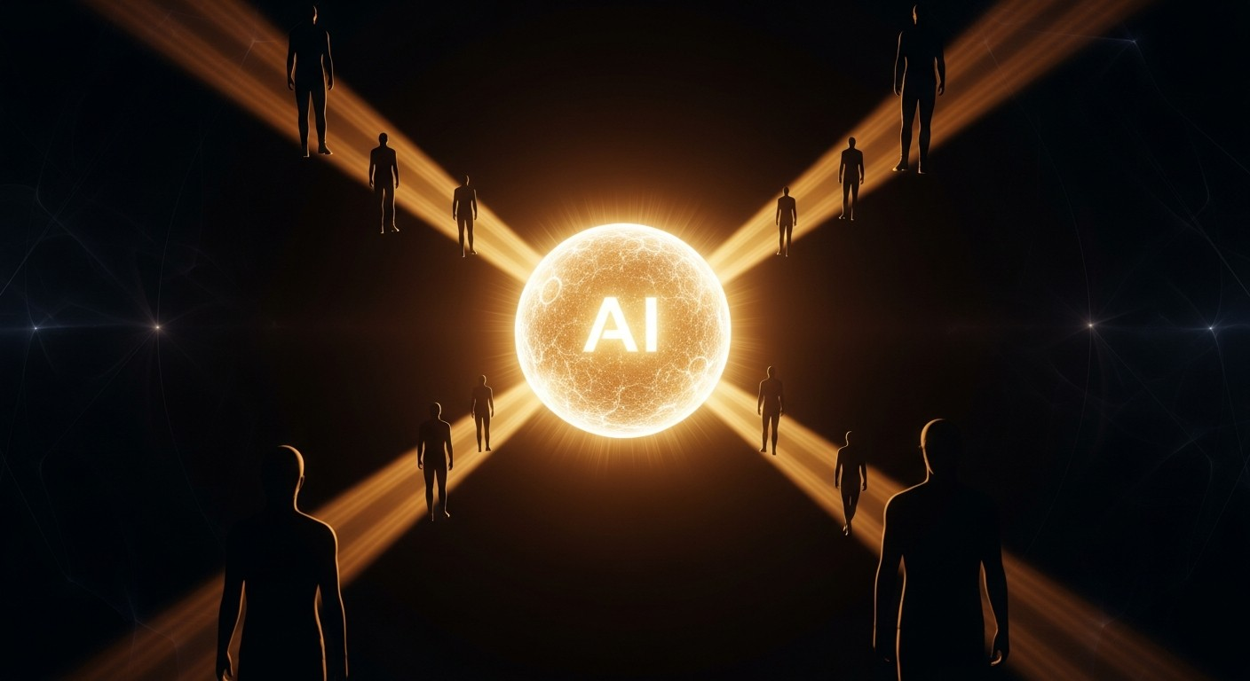 A glowing AI orb drawing isolated human silhouettes toward it by soft beams of light