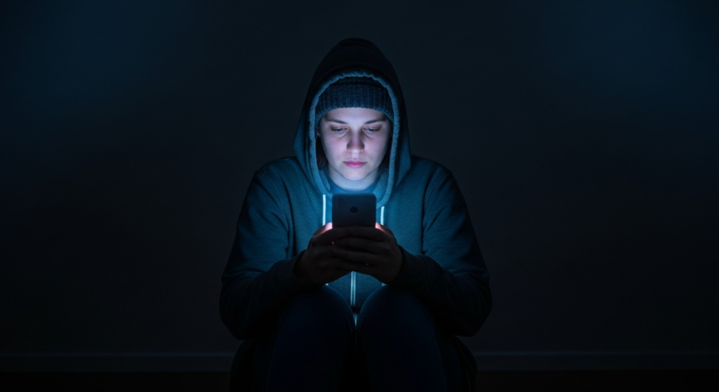 A lone person sitting in a dark room, face lit only by the blue glow of a smartphone screen
