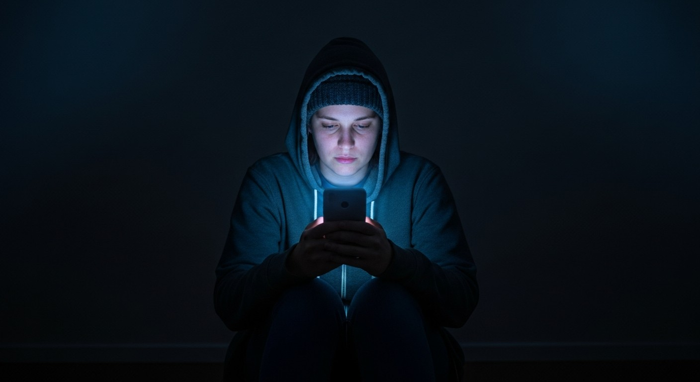 A lone person sitting in a dark room, face lit only by the blue glow of a smartphone screen