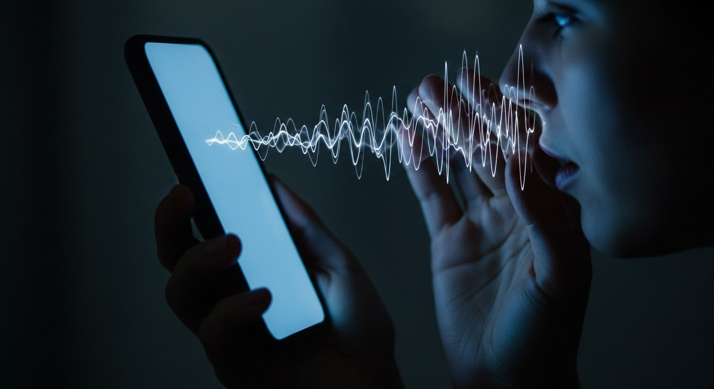 A hand holding a smartphone in the dark, a faint voice visualization drifting toward the person's ear