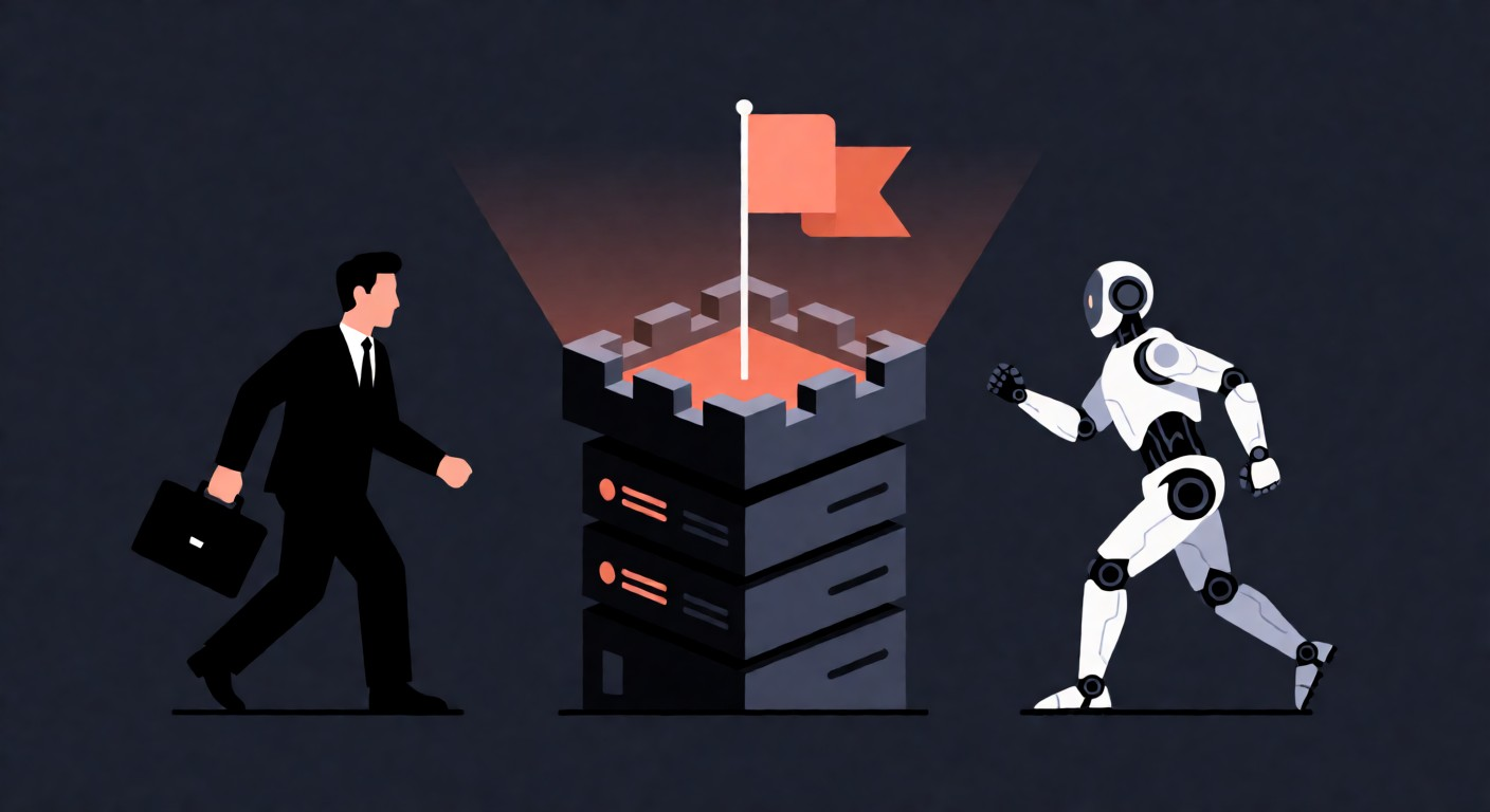 Flat vector illustration of a capture-the-flag standoff: a government official in a suit and a humanoid robot approach a server tower shaped like a castle with a coral flag planted on top