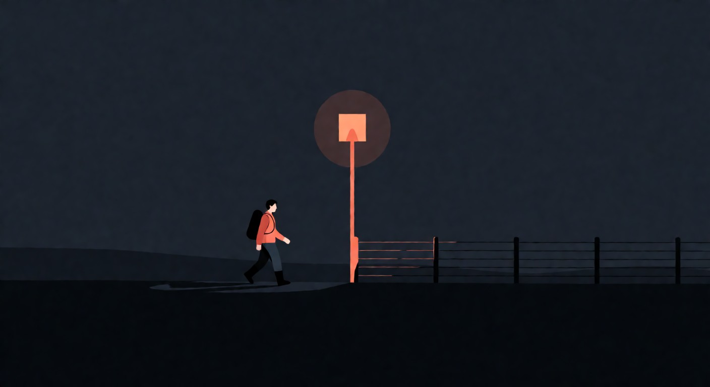 Flat vector illustration of a lone hiker on a dark plain stopping just short of a glowing frontier border marker and fence line